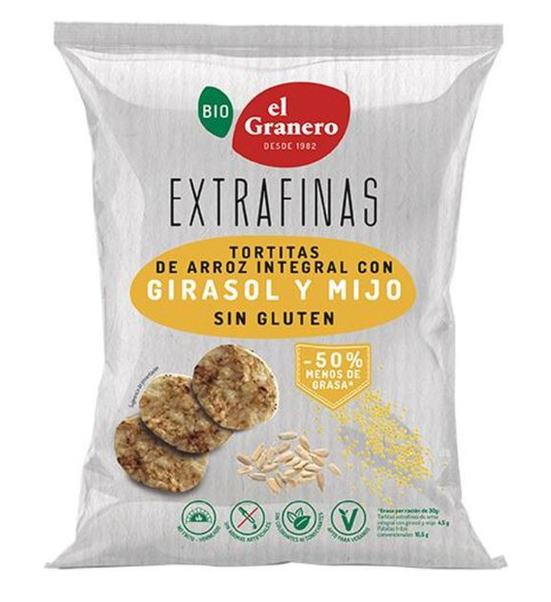 Tortitas de arroz integral con semillas de girasol y mijo, 60gr, El Granero