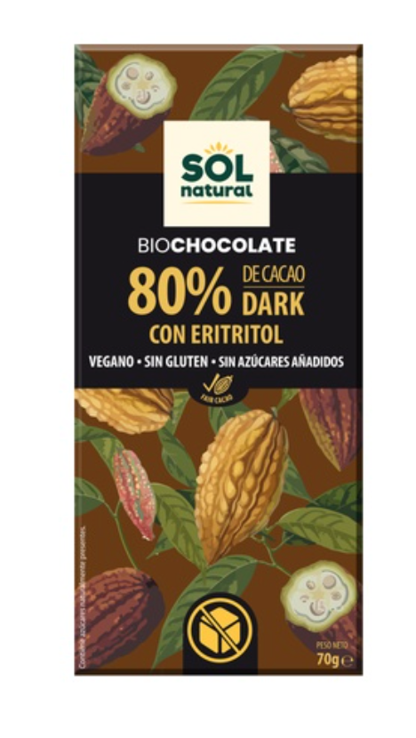 Chocolate 80% con eritritol, 70g, Sol Natural
