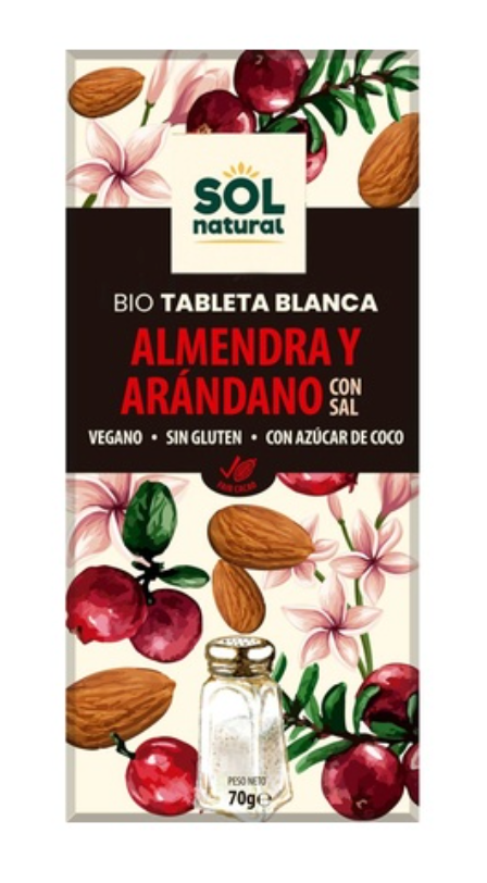 Chocolate blanco con almendra, arándanos y azúcar de coco, 70g, Sol Natural
