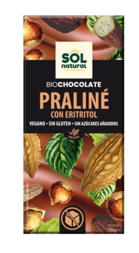 Chocolate praliné con eritritol, 70g, Sol Natural