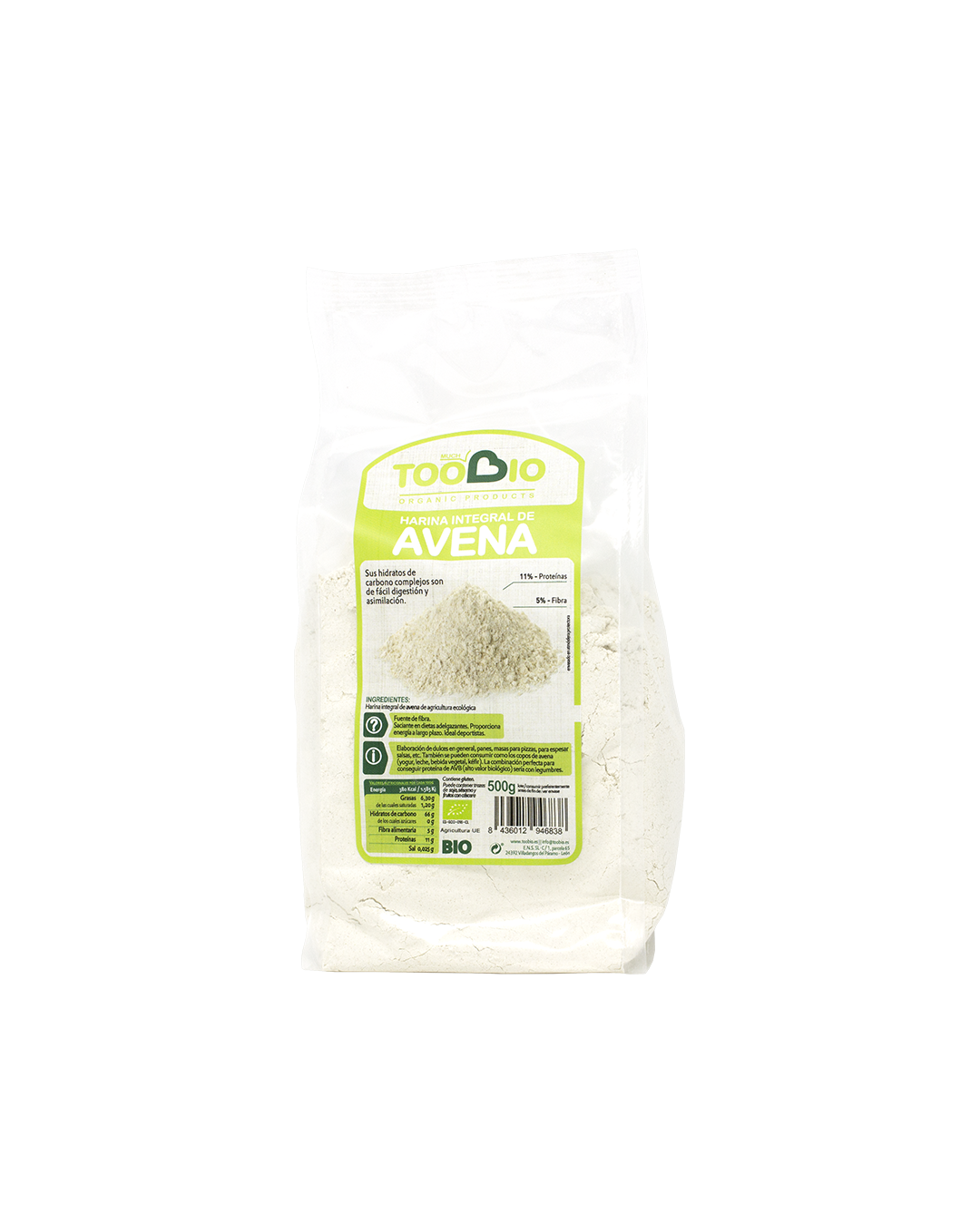 Harina avena integral, 500gr, Toobio