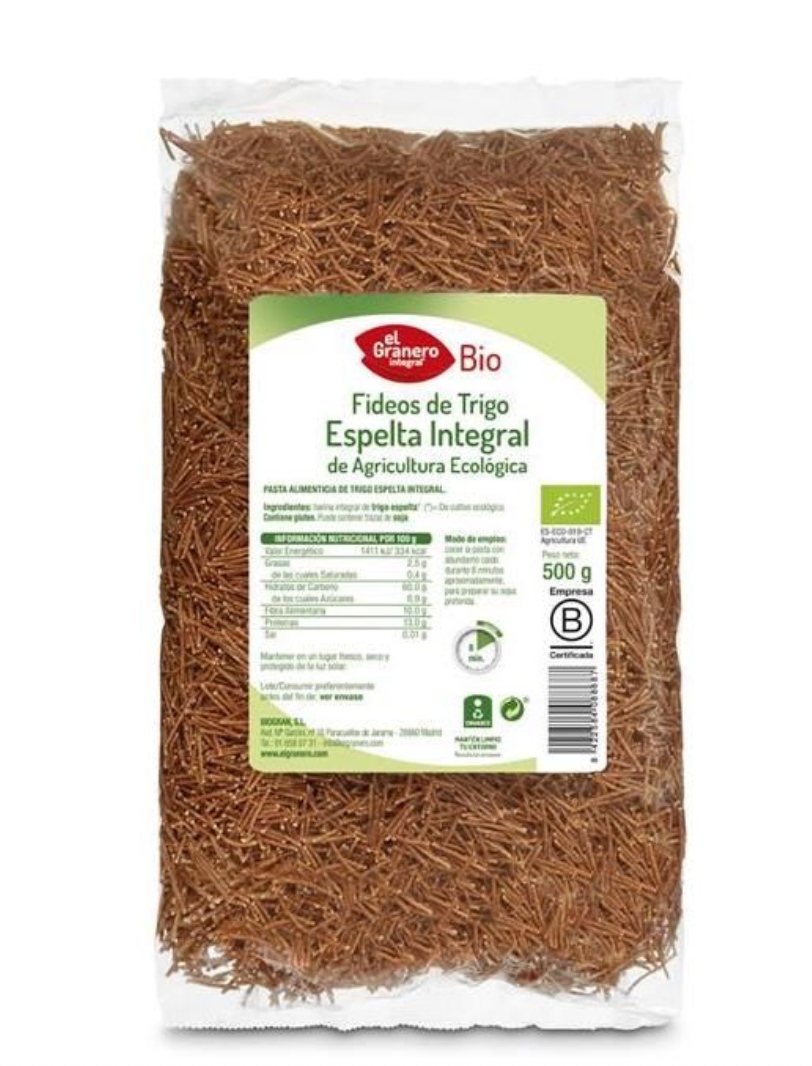 Fideos finos de esbelta integral, 500gr, El Granero