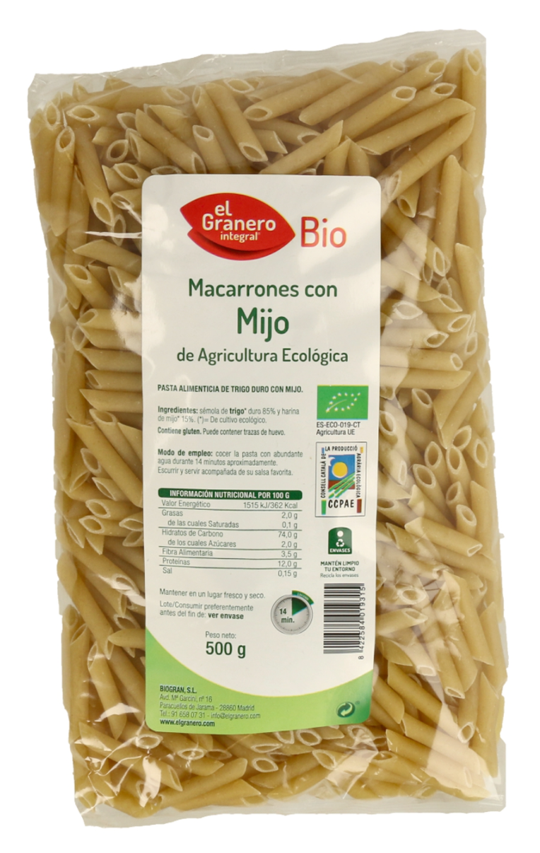 Macarrones de trigo duro y mijo, 500gr, El Granero