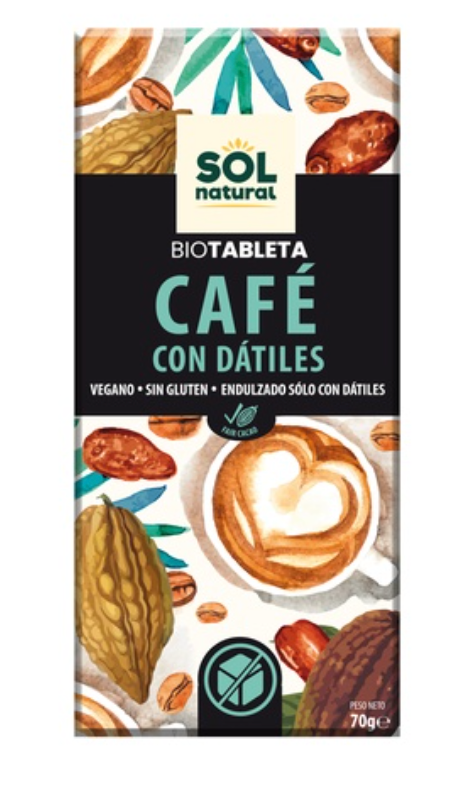 Chocolate con café, dátiles, y azúcar de coco, 70g, Sol Natural