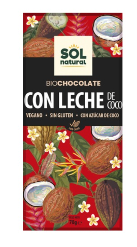 Chocolate con leche de coco y azúcar de coco, 70g, Sol Natural