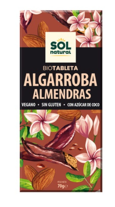 Tableta de algarroba con almendras y azúcar de coco, 70g, Sol Natural