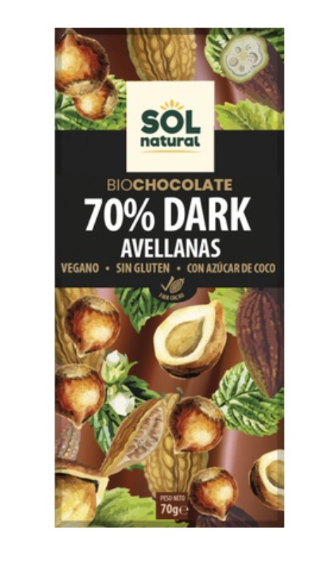 Chocolate 70% con avellanas y azúcar de coco, 70g, Sol Natural