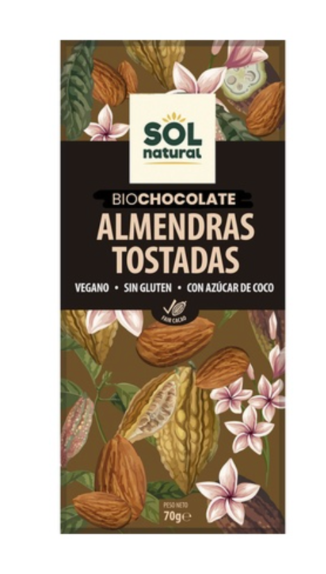 Chocolate con almendras tostadas y azúcar de coco, 70g, Sol Natural